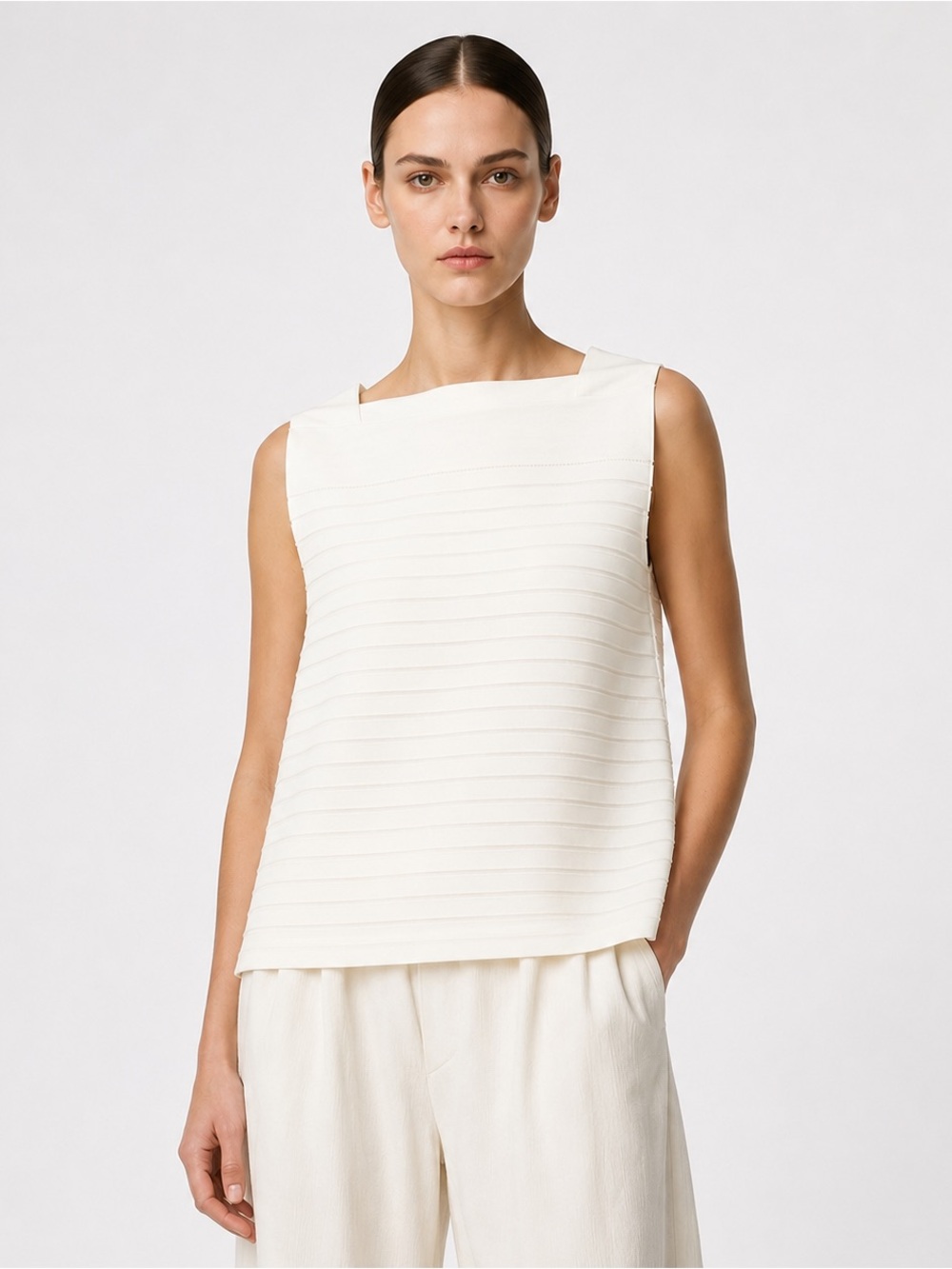 Issey Miyake Ivory Ribbed Sleeveless Boat Neck Top Size 2